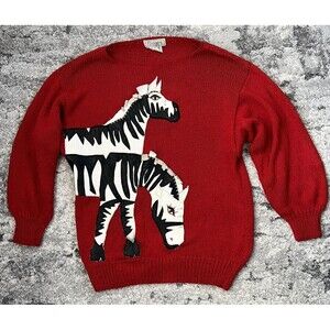 Nannell Vintage Red Knit Long Sleeve Leather Zebra Pullover Sweater 80s Size M